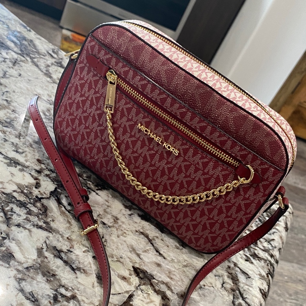 Michael Kors Burgundy Logo Crossbody with Gold Chain